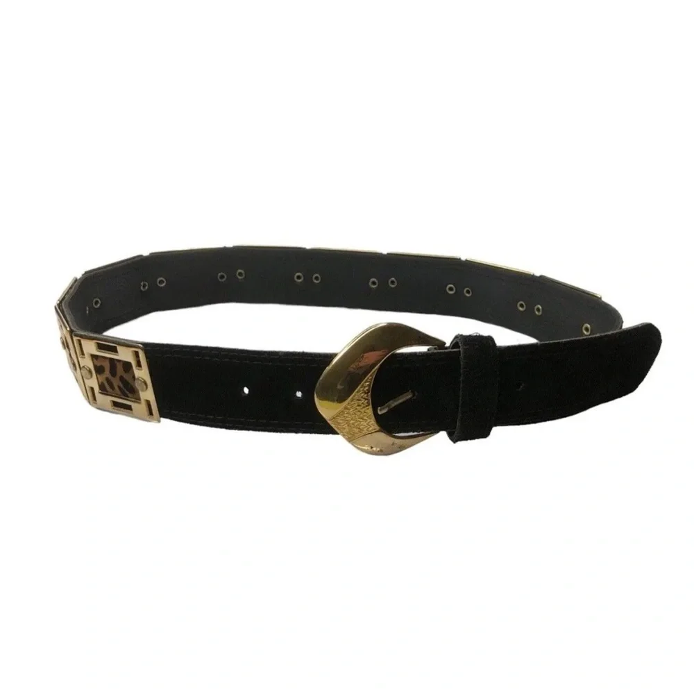 MVtg Benjo Womens Belt Black Leather Animal Print Gold Metal Squares Studs